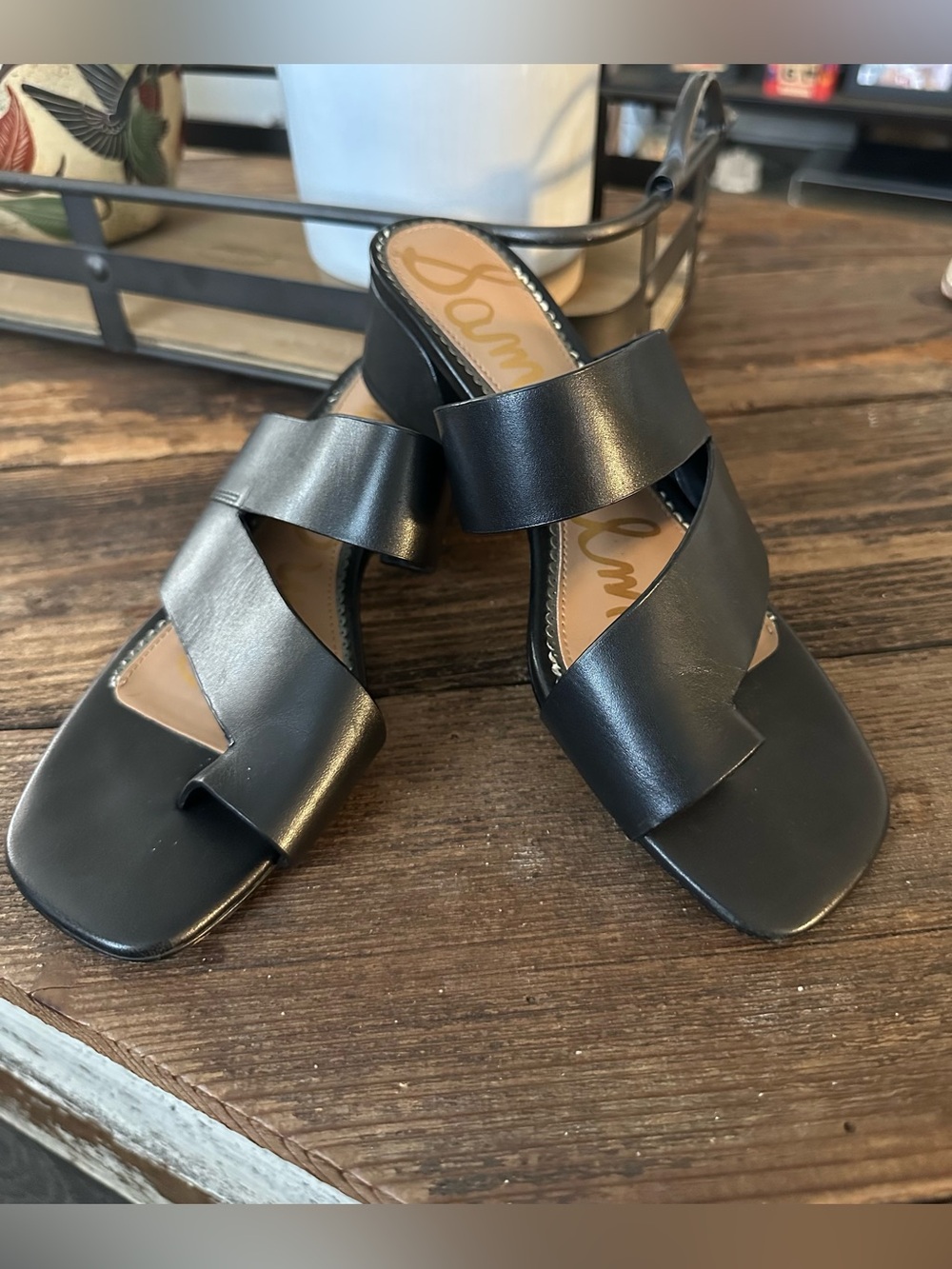 Sam Edelman Black Leather Double Strap Slide Mules